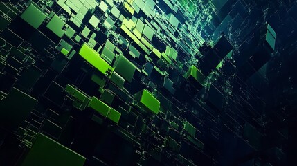 Abstract 3D Cubes Background, Technology And Geometric Design With Blue And Green Light Effects