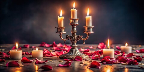 A broken candelabrum sits amidst a scattering of rose petals under the soft glow of melting candles at night