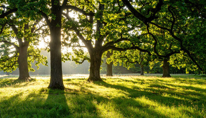 old oak tree foliage in morning light with sunlight