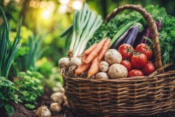 A wicker basket overflowing with freshly harvested vegetables sits in a garden, bathed in sunlight