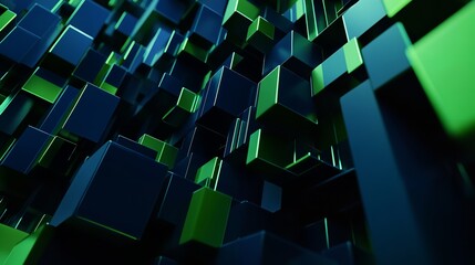 Abstract 3D Cubes Background, Technology And Geometric Design With Blue And Green Light Effects