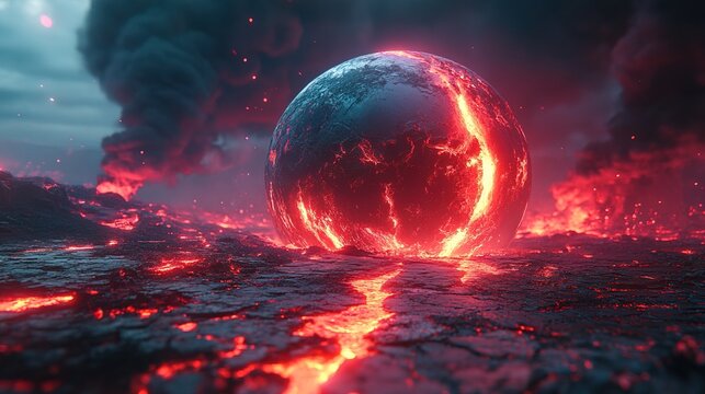 A cracked futuristic earth with neon lava seeping through, planetary destruction concept