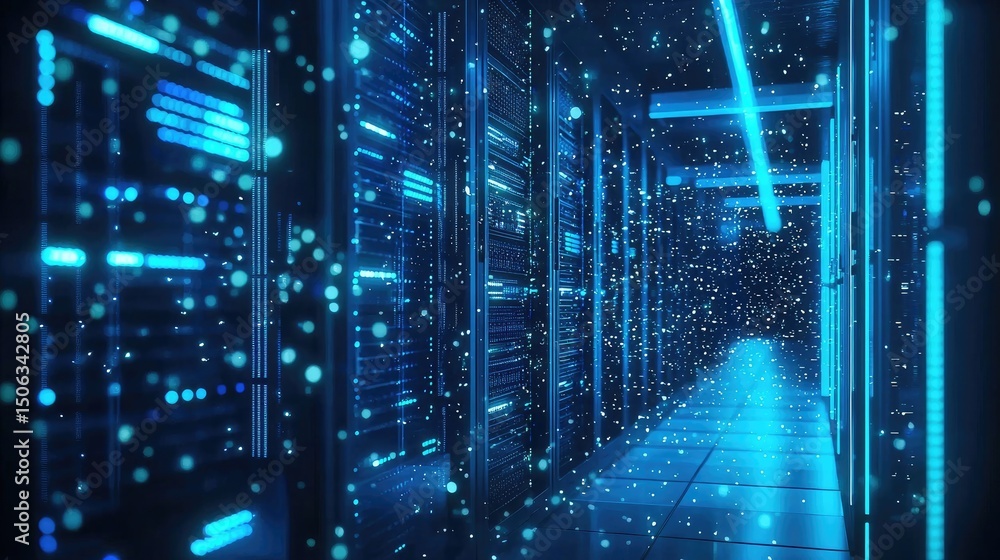 Fototapete blue server hallway with glowing data panels and floating particles creating a futuristic atmosphere