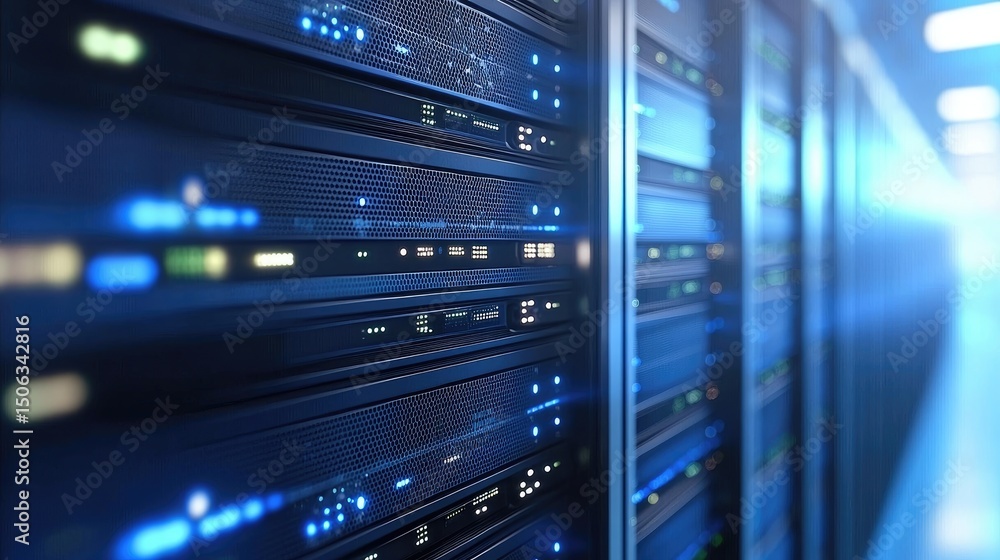 Fototapete modern data center with glowing blue server racks, showcasing cloud infrastructure, network storage,