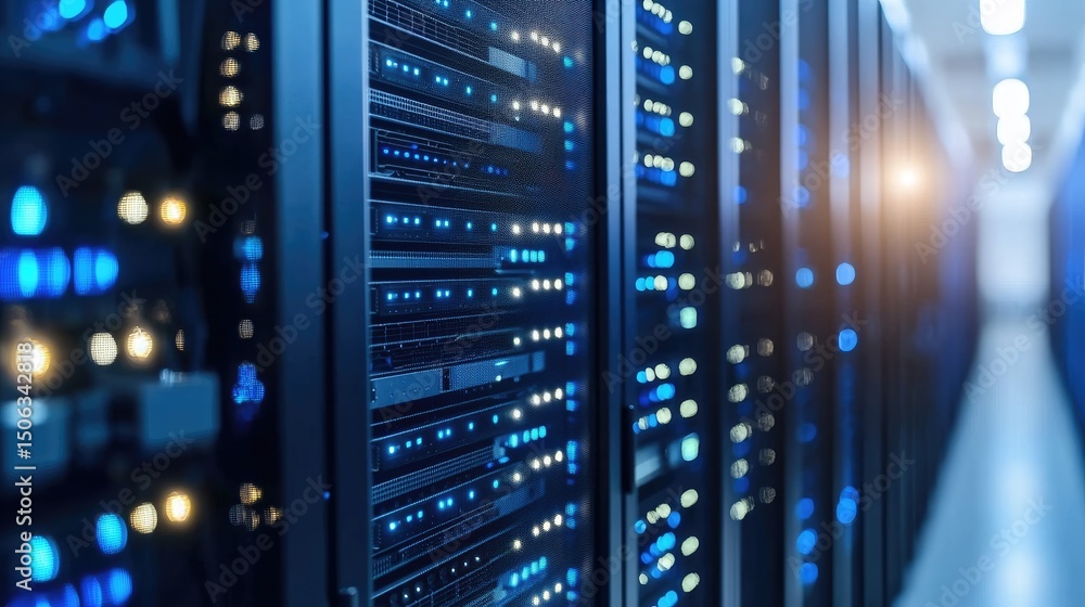 Aufkleber blue server room with glowing indicator lights and high tech equipment, representing data storage, c