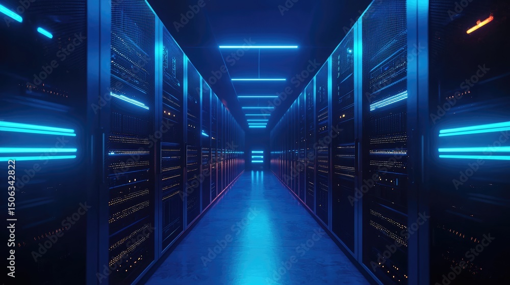 Fototapete dark blue futuristic server hallway with glowing neon lights and data racks, symbolizing cloud compu