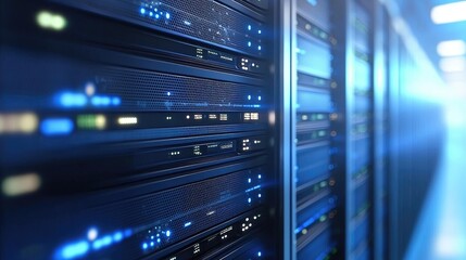 Fototapeta premium Modern data center with glowing blue server racks, showcasing cloud infrastructure, network storage, and advanced digital computing, ideal for cloud service ads and tech websites