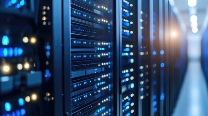 Blue server room with glowing indicator lights and high tech equipment, representing data storage, cloud computing, and networking, ideal for IT ads and tech platforms