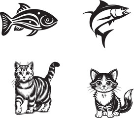 Obraz premium Funny cartoon cat vector illustration with cute kitten and black feline silhouettes