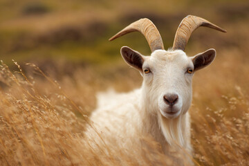 a goat with horns standing in a field of tall grass