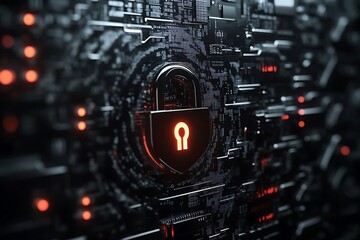 Cybersecurity Concept with Glowing Lock Icon on Digital Circuit Board Background