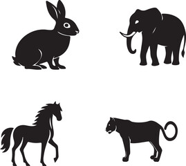 A vector set of animal silhouettes including farm mammals like horse, donkey, rabbit, goat, dog, and cow in black outline illustration