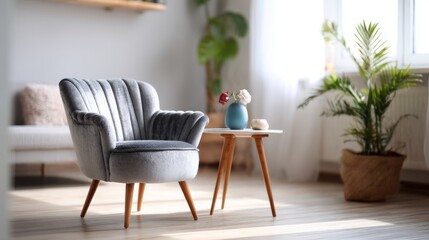 Modern living room corner with plush armchair and wooden side table, elegant home decor with a cozy ambiance.
