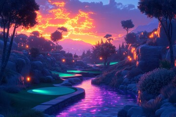Fototapeta premium Fantasy golf course sunset, glowing river, hills. Game design