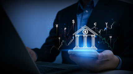 Virtual Banking and Global Economy and Secure Online Transactions.Innovative Financial Technology and Banking Concept with Digital Transformation, AI, Blockchain, and Analytics for Modern Finance.