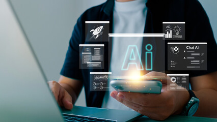 Artificial intelligence, businessman uses AI technology to help analyze big data and AI machine learning to use generative AI for business support,Data mining, Futuristic technology transformation.