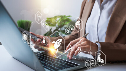 Global tech startup innovates to connect customers worldwide. Resource management for sustainability. Startup concept plan development business project digital technology idea.