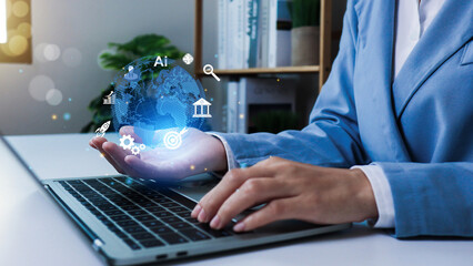 Global Internet connection cloud computing. Business global internet connection application technology, digital marketing, Financial and banking, Digital link tech, big data, Hand holding Light bulb.
