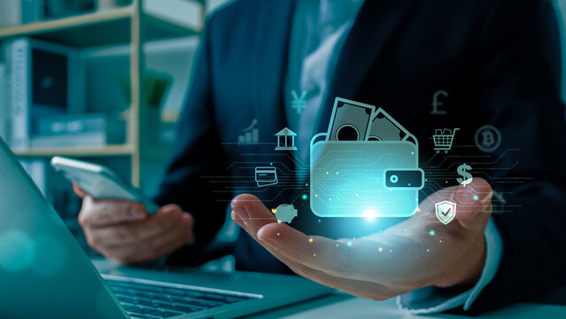 Businessman using Digital Wallet on smartphone.E-wallet, digital money blockchain, transfer,Online Payment, Transactions, Mobile banking, credit card, financial, and global business online.