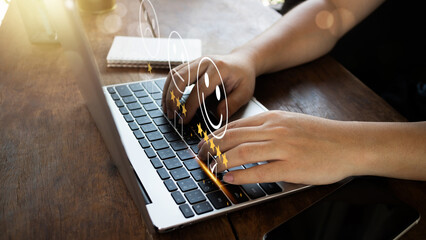 Customer use labtop to Submit Customer Feedback with Digital Satisfaction Ratings. Customer Service, and Online Consumer Interaction in Business Platform, Featuring Virtual Icons for Positive Review.