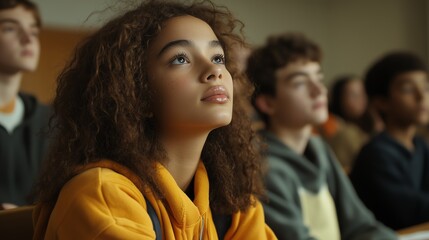 Obraz premium Multiracial Students Listening to Teacher in Well-Lit Classroom, Focus on Learning and Inclusivity
