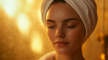 Fototapeta premium Serene young woman with spa towel wrapped around head, soft warm lighting in blurred spa environment with subtle steam effect