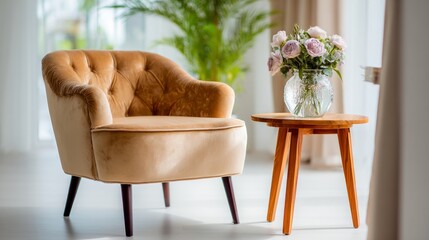 Modern living room corner with plush armchair and wooden side table, elegant home decor with a cozy ambiance.
