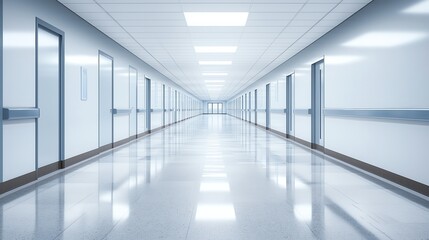 Empty school hallway with long perspective, soft lighting and clean lines ideal for text placement and educational content