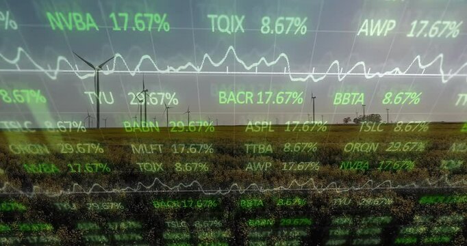 Financial overlay appearing triggers percentage values climbing over turbines showing market growth