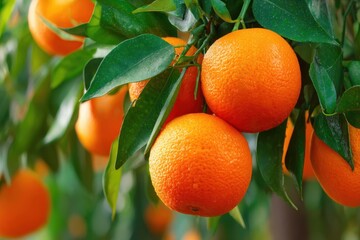 Lush citrus tree branch laden with ripe, juicy oranges, glistening with moisture, surrounded by vibrant green leaves