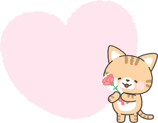 カーネーションの花束を持った茶トラネコとハートフレーム