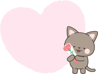 カーネーションの花束を持った黒ネコとハートフレーム