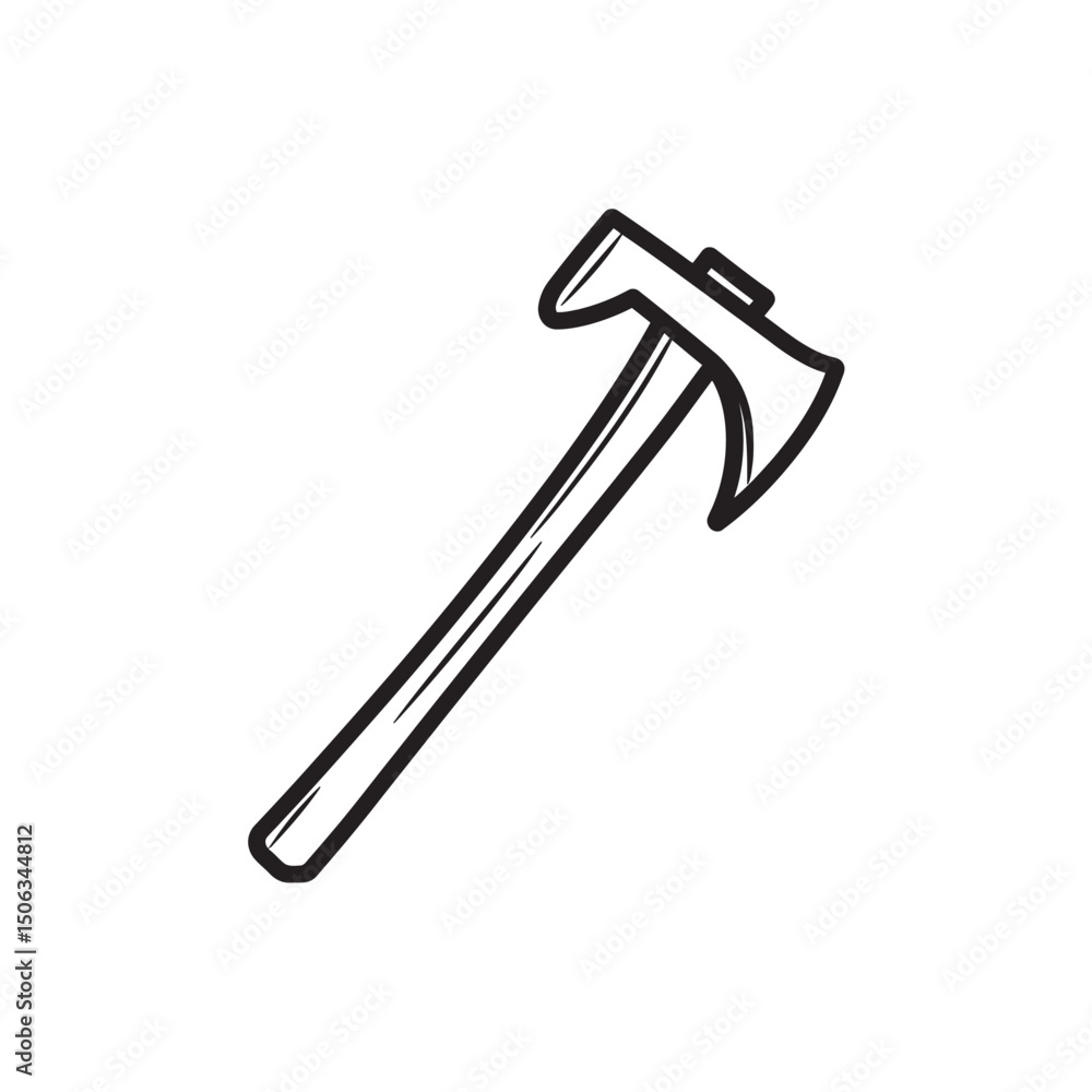 Poster simple line art shows an axe with a wooden handle in sketch style