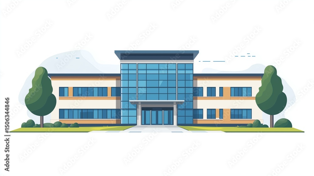 Poster flat vector school building with simplified geometric design and ample whitespace for modern educati