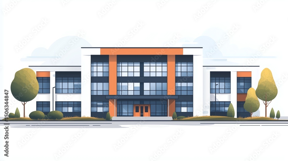 Poster flat vector school building with simplified geometric design and ample whitespace for modern educati