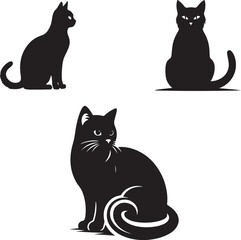 A cute set of black and white cat silhouettes, perfect for animal cartoon vector illustrations, depicting domestic feline kittens sitting with their tails