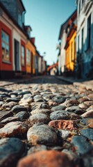 Cobblestone Street with Colorful Houses.