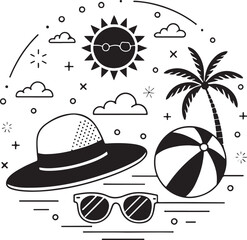 Summer beach vacation with sunglasses, sun, sea, and tropical palm trees