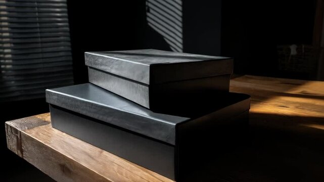 Stacked textured dark boxes on a textured wooden surface illuminated by striped sunlight in a dark room, minimal composition