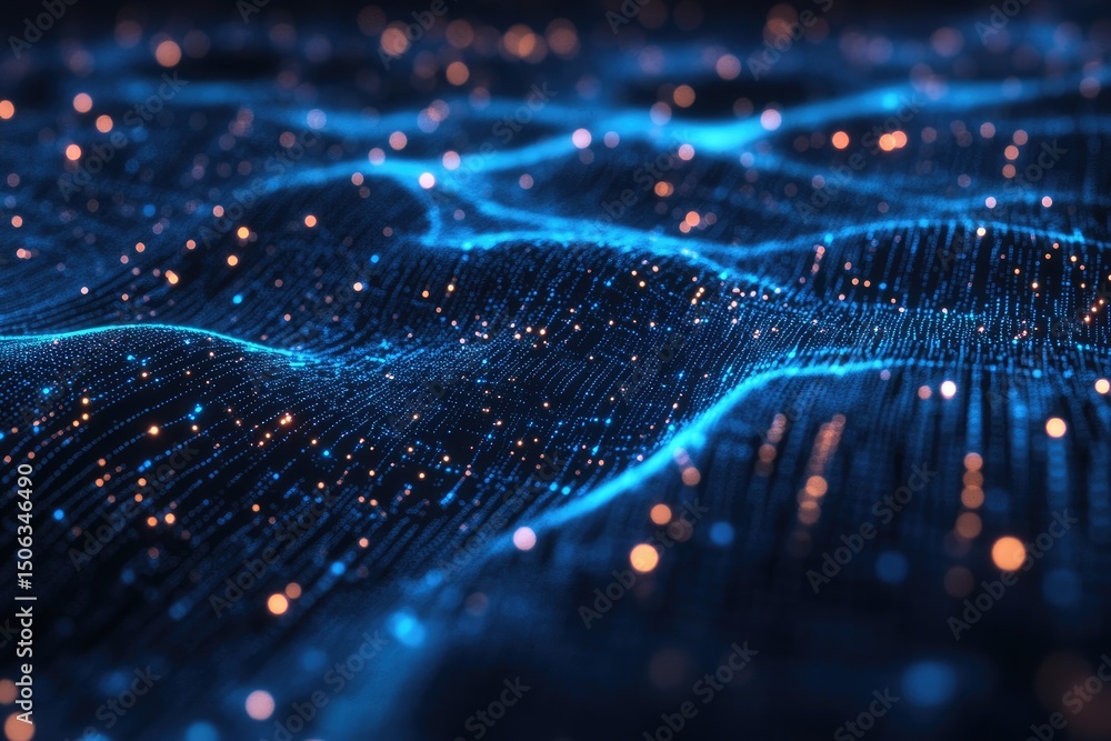 Poster abstract digital landscape. a complex network of glowing particles forms undulating waves
