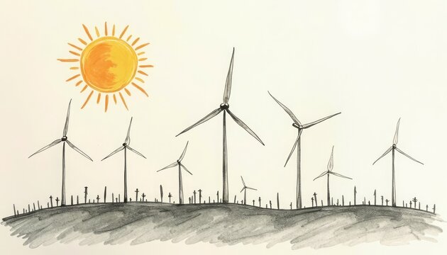 Hand drawn illustration featuring wind turbines, the sun, and a scenic landscape