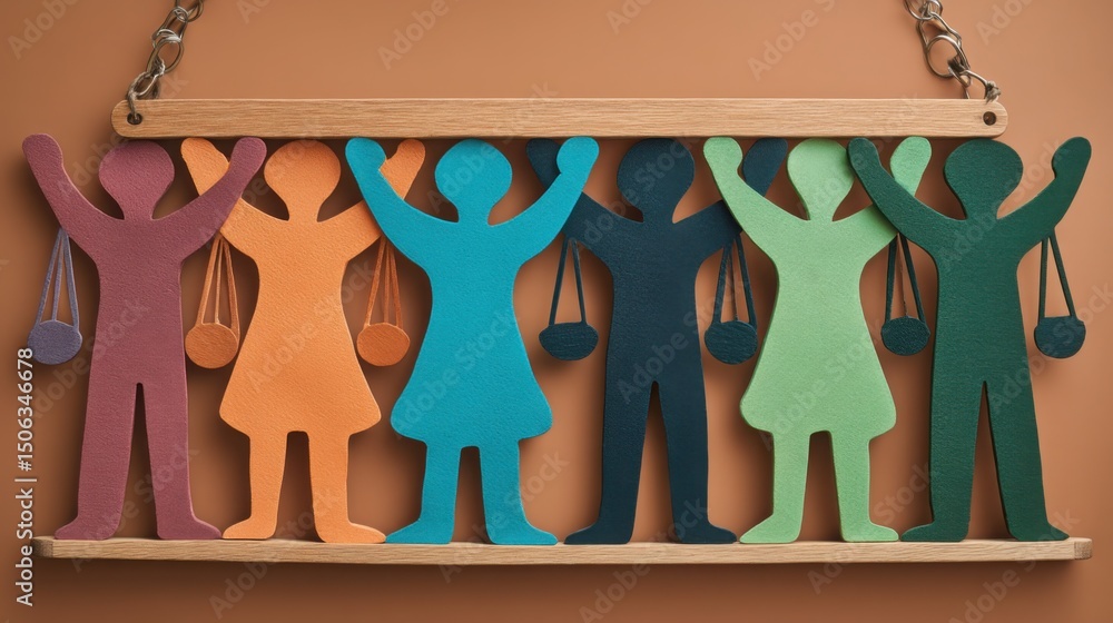 Poster colorful group of paper people linked together representing inclusive wealth index and community eng