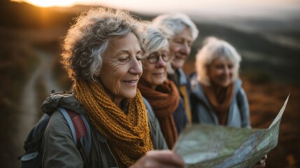 Fototapeta premium Four Elderly Women Hiking Together on a Scenic Trail, Examining a Map with Copy Space, Minimalistic Composition, Warm Sunset Lighting, Outdoor Adventure, Senior Friendship