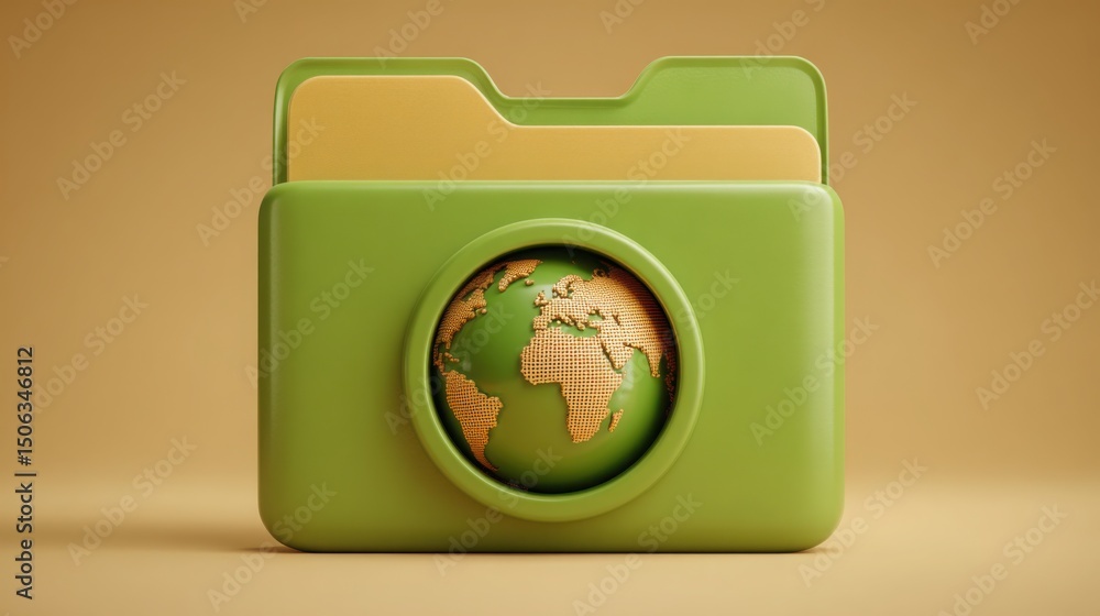 Poster green folder containing world map inside representing international vendor file concept for supplier