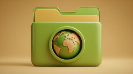 Green folder containing world map inside representing international vendor file concept for supplier profile and overview