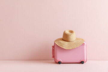 Pink travel carrier and vacation hat with pink background