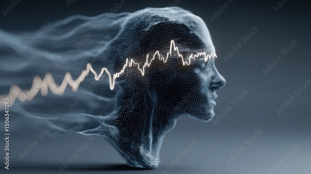 Poster market psychology concept featuring a person's head with a graph on it representing data-driven deci