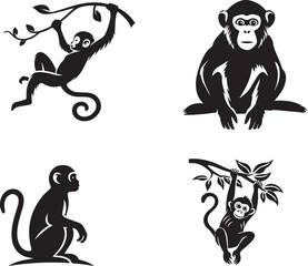 A vector cartoon illustration set of funny black and white animal silhouettes