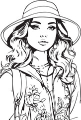 A beautiful woman with long hair and flowers in her hat, a fashion illustration sketch of a stylish person