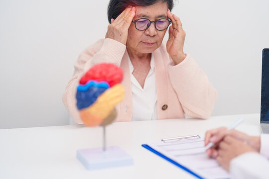 Elderly Patient consulting Doctor to Brain disease, Senior Health Medical Diagnosis. Anatomy Brain model for Explanation, Brain Tumor, neurological disorders, Dementia, alzheimer, parkinson and Mental